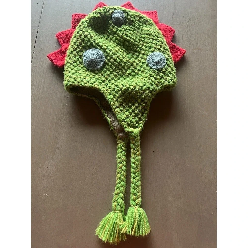 Andes Gifts Dinosaur Knit Hat‎ Alpaca Blend Kids Earflap Beanie Mohawk Braids